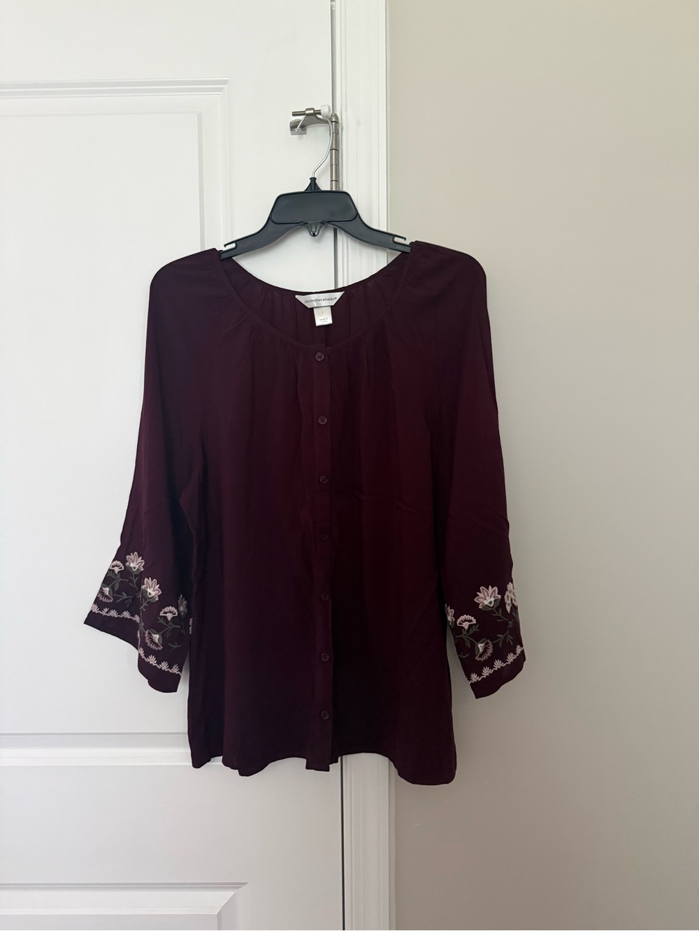 Christopher & Banks Maroon Embroidered Button-Front Blouse